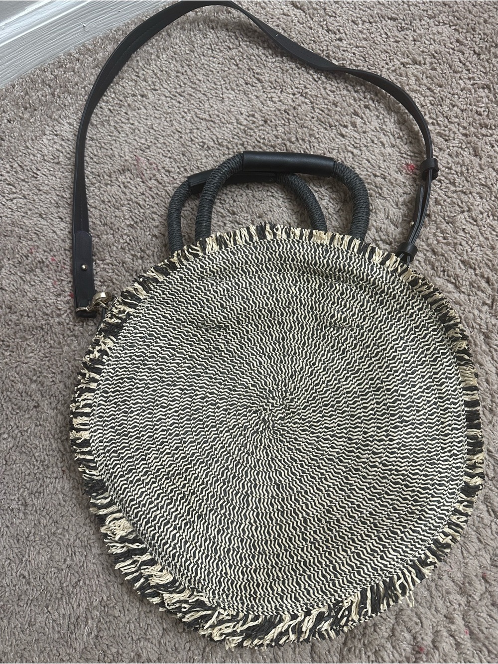 Zara Black and Cream Round Woven Crossbody